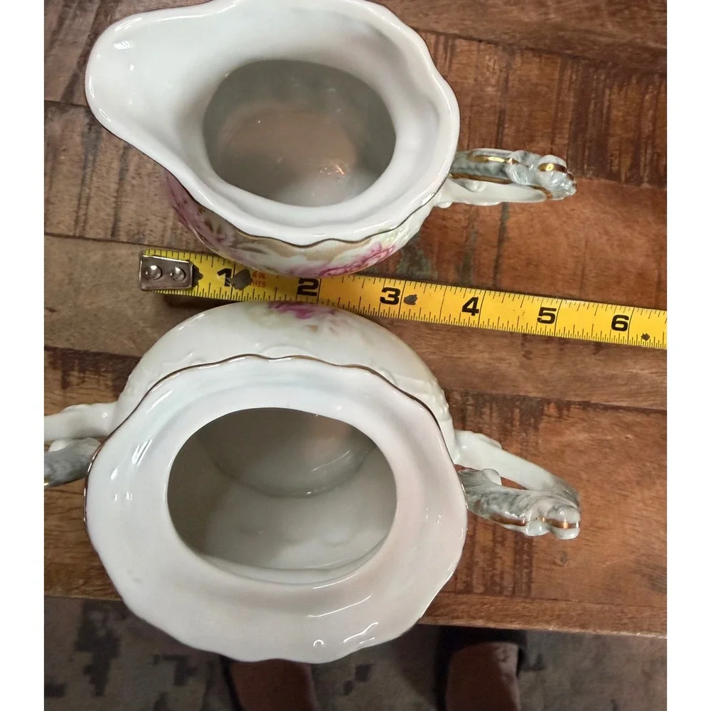 Antique Nippon Hand Painted Porcelain Cabbage Rose Cream and Sugar Set Gold Trim